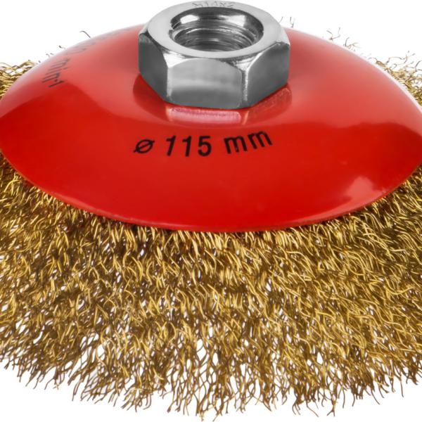 Щетка d=115 мм, коническая для УШМ, витая стальная латунированная проволока 0,3 мм, MIRAX 35143-115